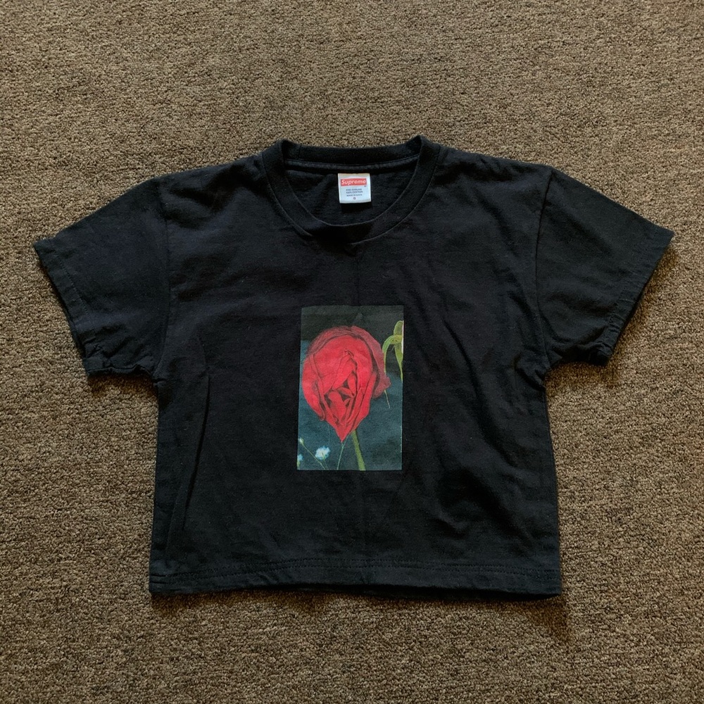 Supreme Black Tee with Red Rose Graphic